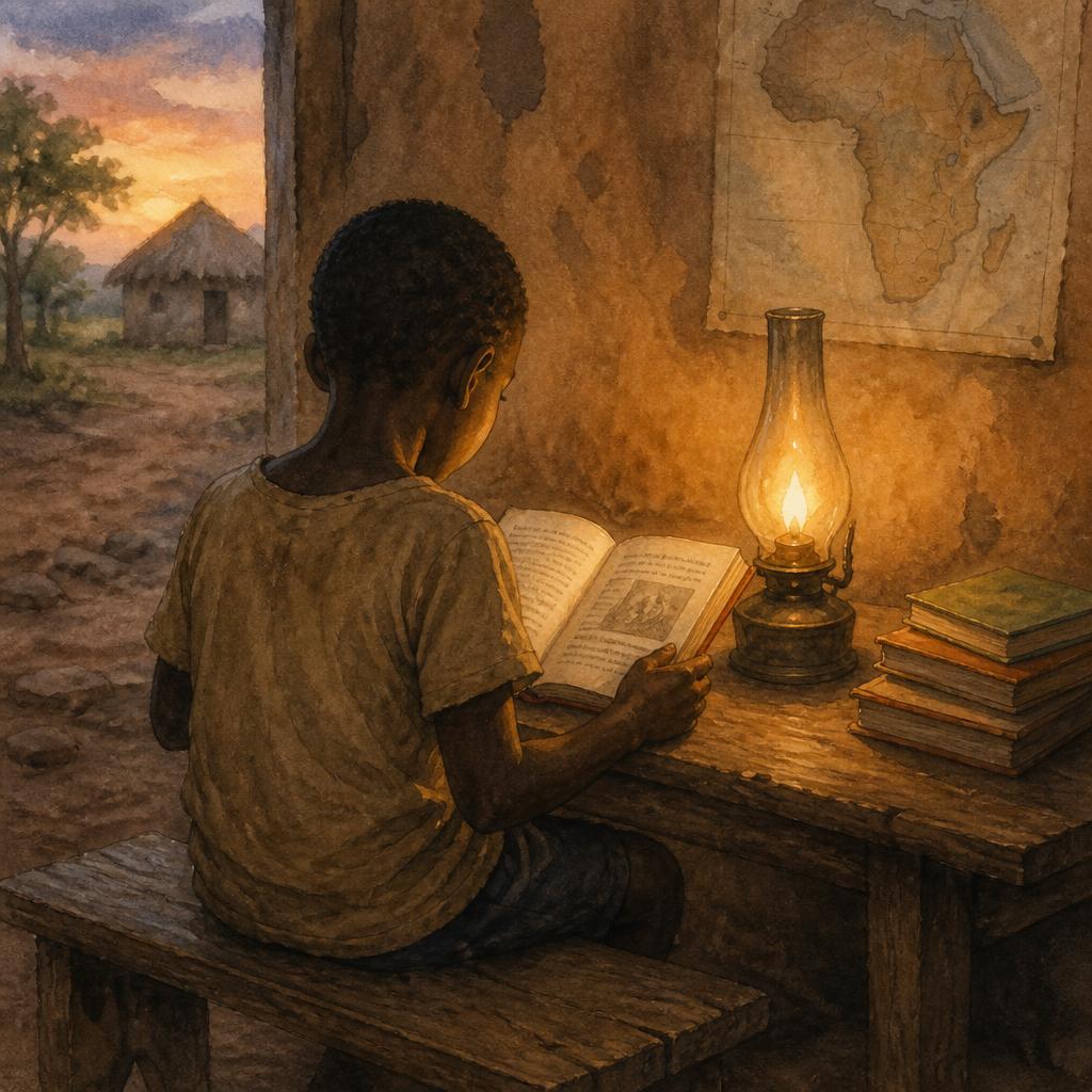 A child studying by lamplight