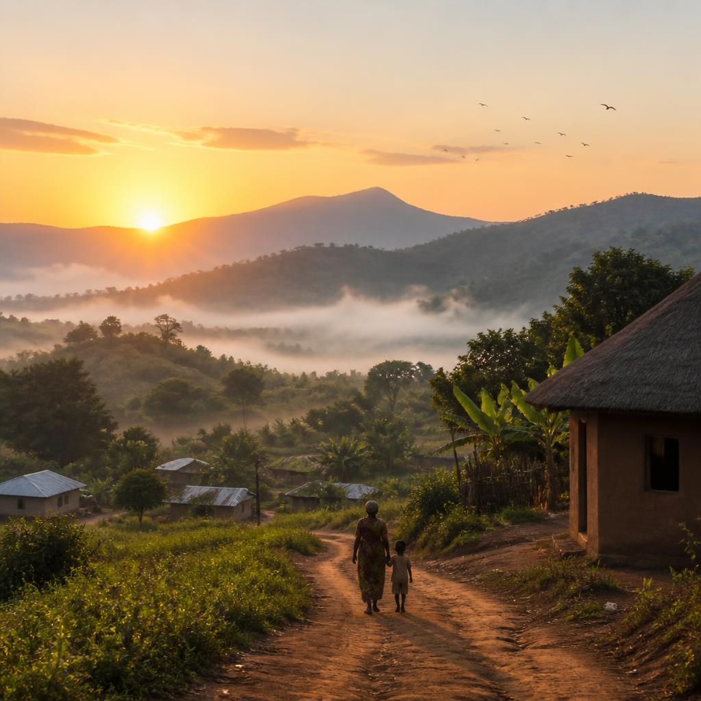 Sunrise over a peaceful village path