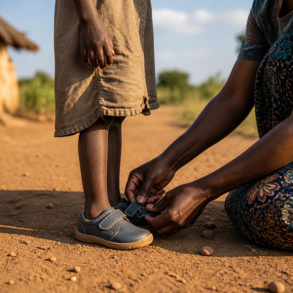 A caregiver placing shoes on a child